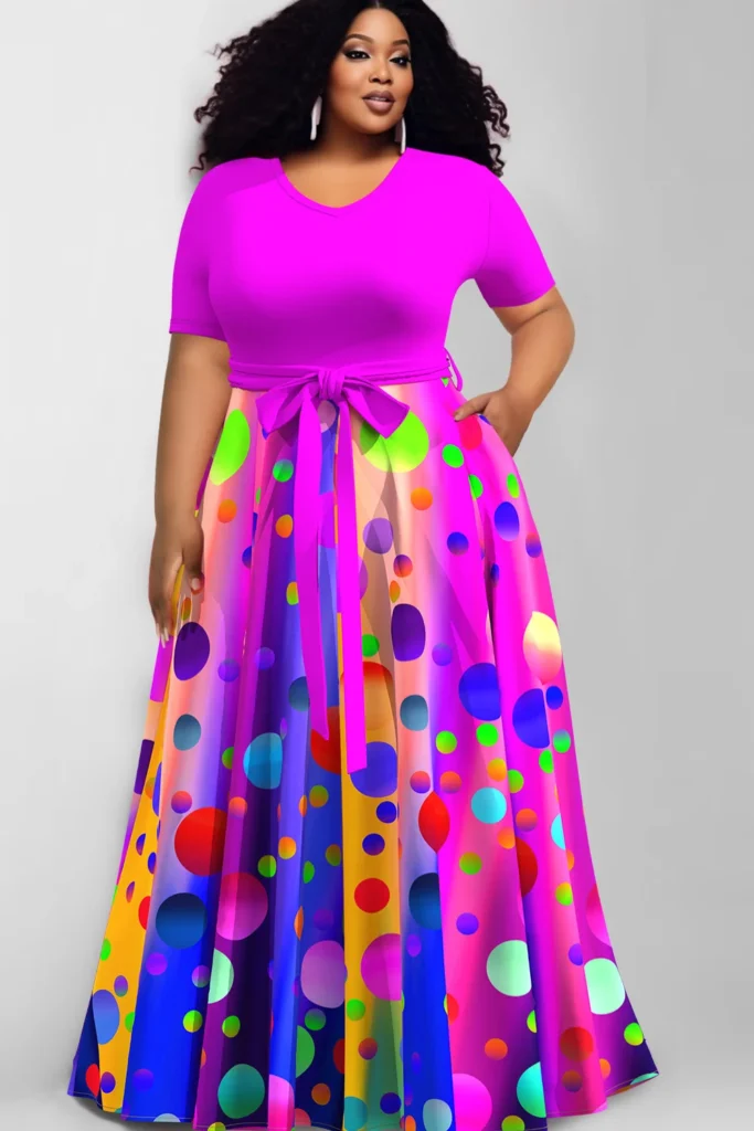 Plus Size Casual Purple Dots Print Round Neck Short Pocket Wrap Maxi Dress