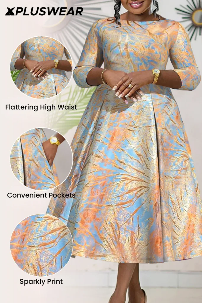 Plus Size Formal Champagne All Over Print Boat Neck 34 Sleeve Zipper With Pocket Midi Dresses