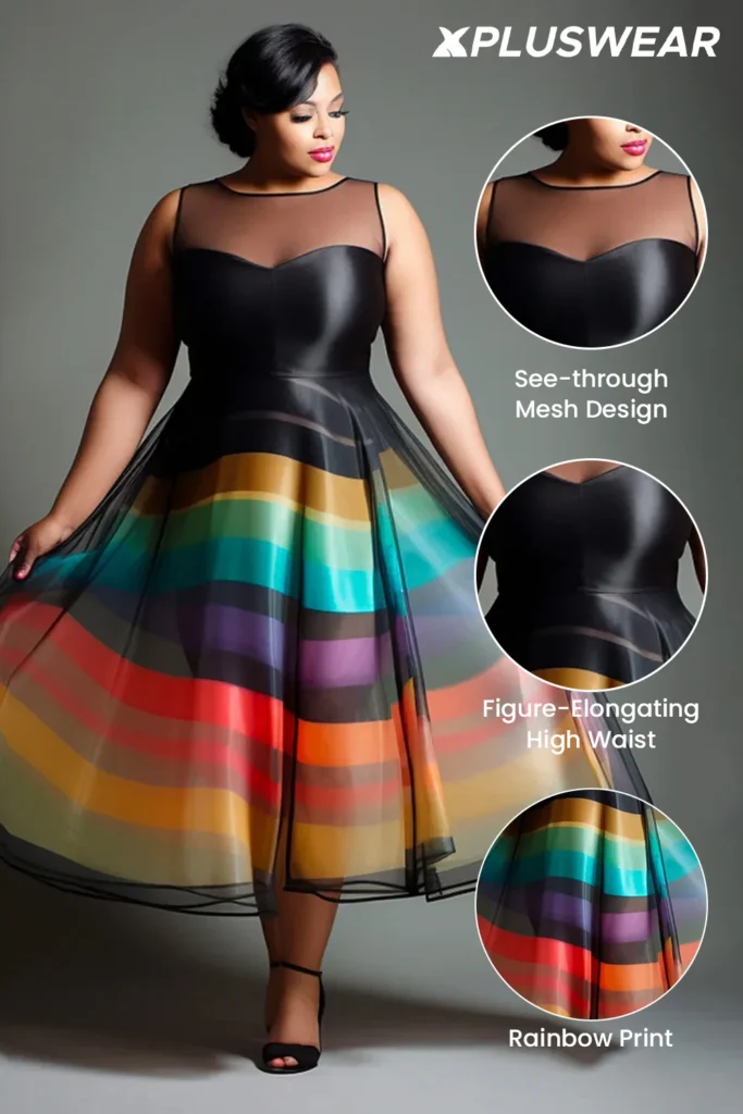 Plus Size Semi-Formal Black Colorblock Round Neck Organza Midi Dresses