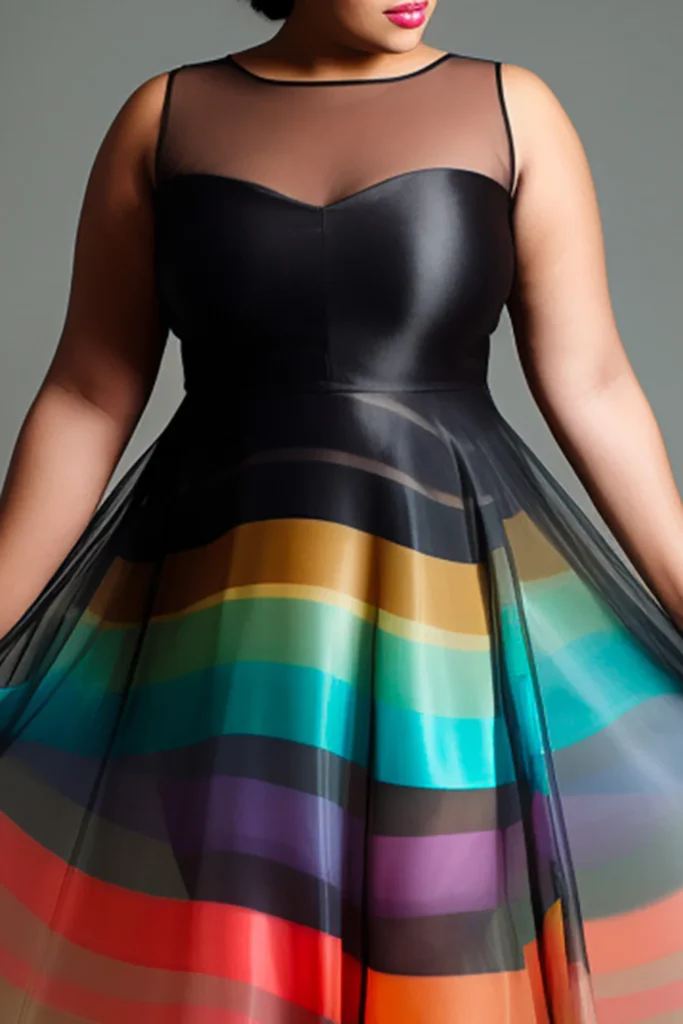 Plus Size Semi-Formal Black Colorblock Round Neck Organza Midi Dresses