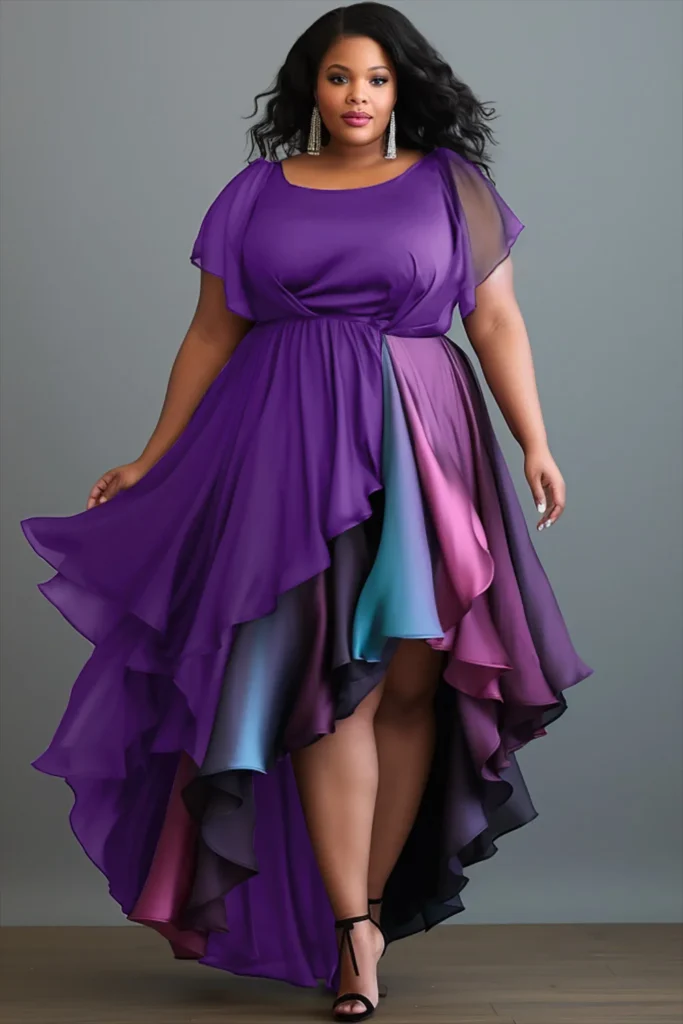 Plus Size Wedding Guest Purple Round Neck Asymmetric Hem Midi Dresses