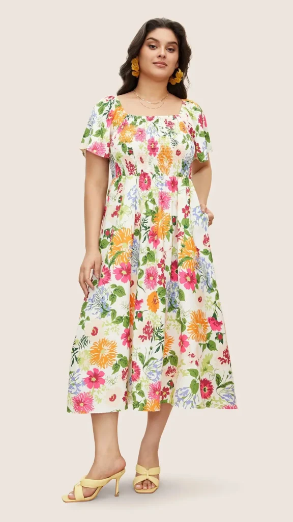 Floral Backless Shirred Square Neck Pocket Ruffle Hem Dress