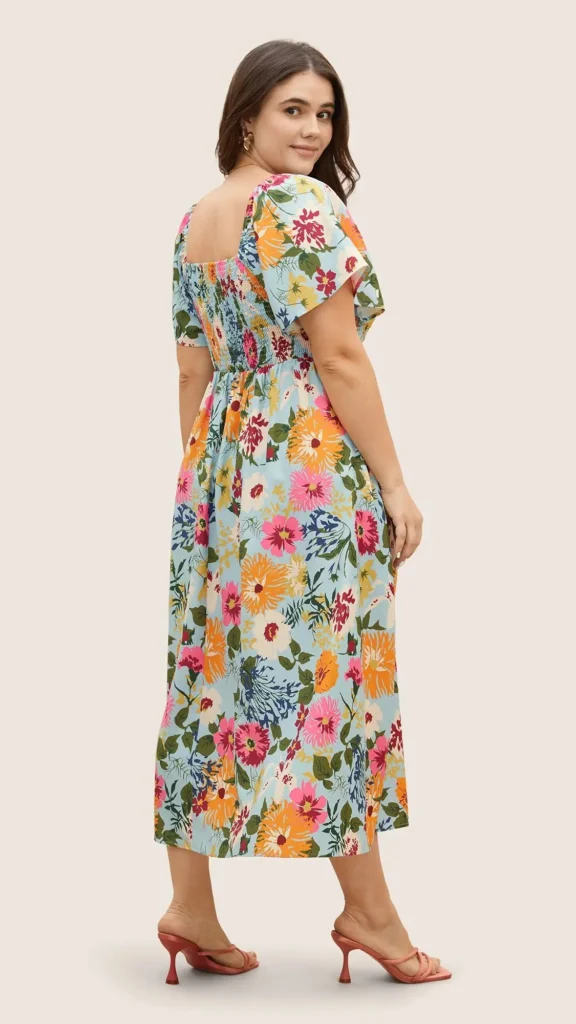 Floral Backless Shirred Square Neck Pocket Ruffle Hem Dress