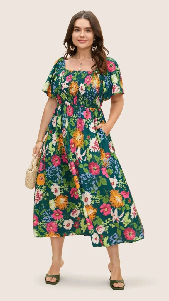 Floral Backless Shirred Square Neck Pocket Ruffle Hem Dress