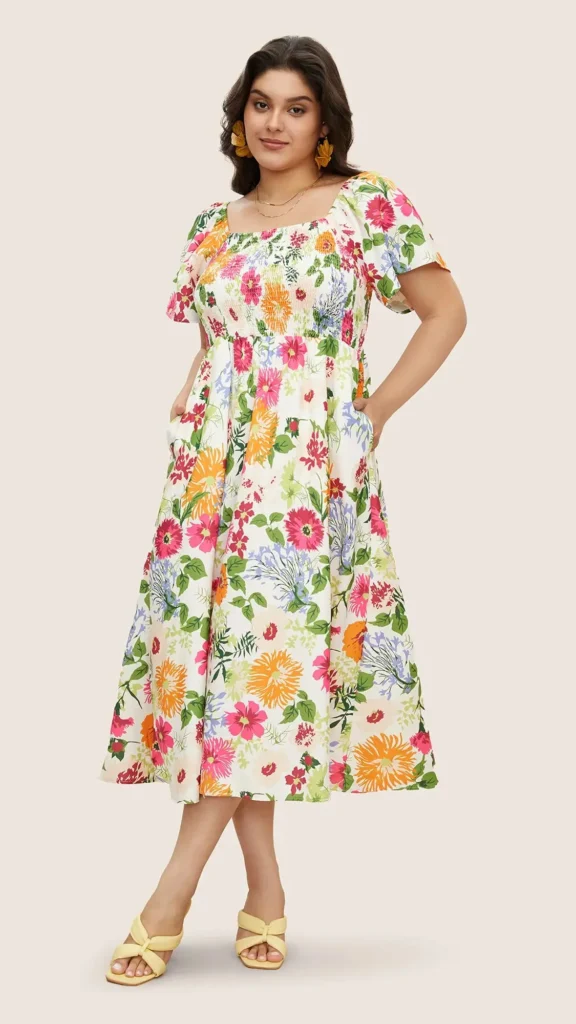 Floral Backless Shirred Square Neck Pocket Ruffle Hem Dress