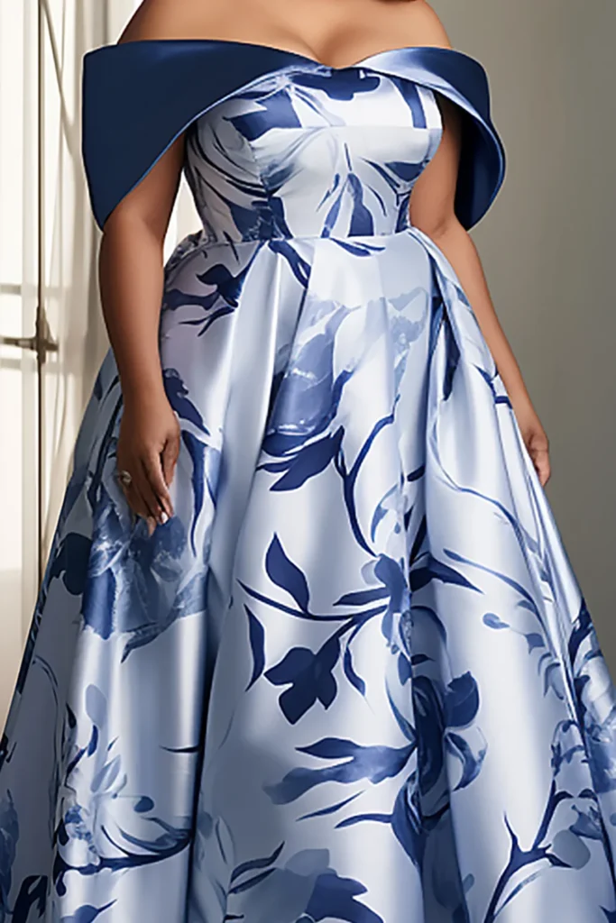 Plus Size Mother Of The Bride Blue Floral Print Off The Shoulder Satin Maxi Dresses