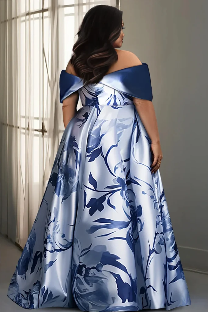 Plus Size Mother Of The Bride Blue Floral Print Off The Shoulder Satin Maxi Dresses