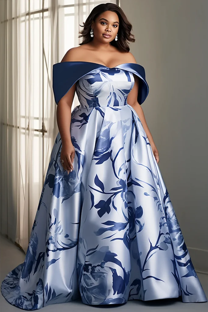 Plus Size Mother Of The Bride Blue Floral Print Off The Shoulder Satin Maxi Dresses