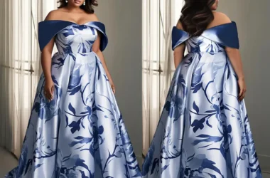 Plus Size Mother Of The Bride Blue Floral Print Off The Shoulder Satin Maxi Dresses