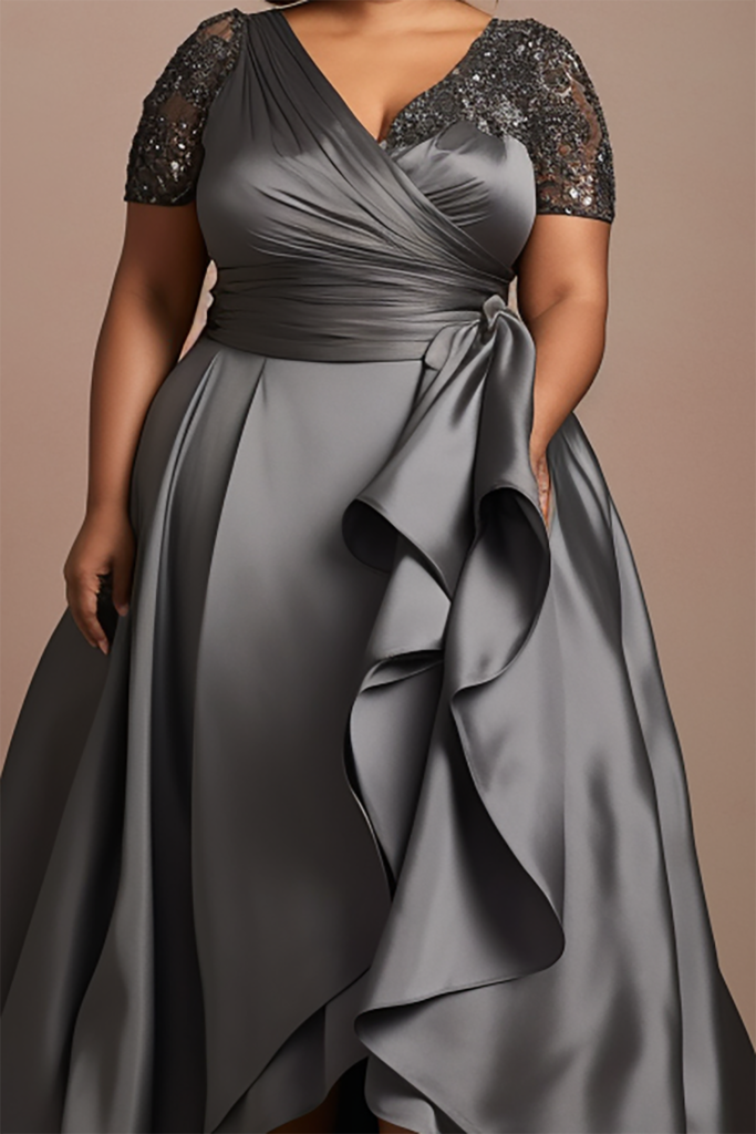 Plus Size Mother Of The Bride Grey Wrap, Neck Short Sleeve Drilling Asymmetric Hem Satin Maxi Dresses