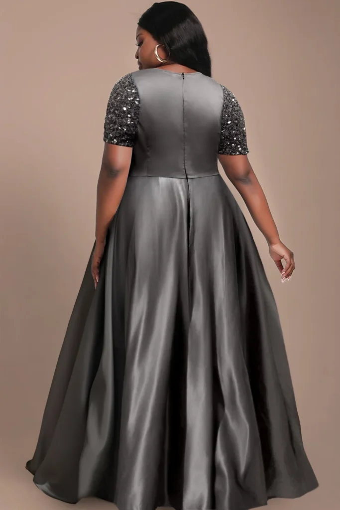 Plus Size Mother Of The Bride Grey Wrap, Neck Short Sleeve Drilling Asymmetric Hem Satin Maxi Dresses