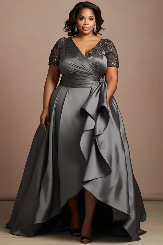 Plus Size Mother Of The Bride Grey Wrap, Neck Short Sleeve Drilling Asymmetric Hem Satin Maxi Dresses