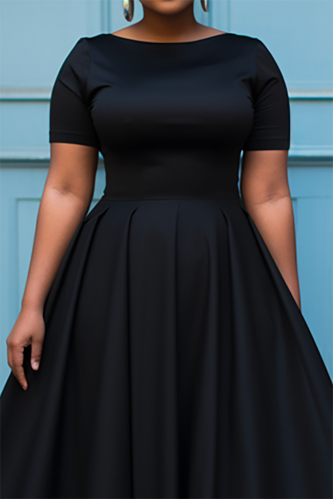 Plus Size Semi Formal Black Round Neck Short Sleeve Midi Dresses