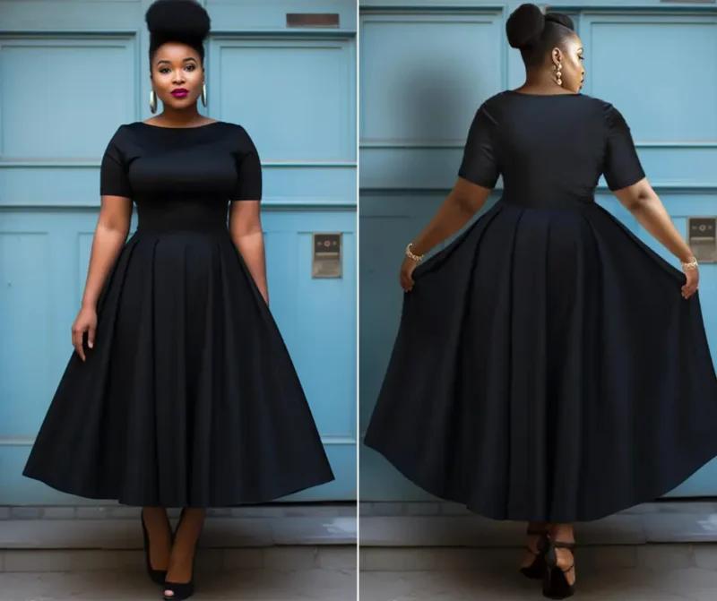 Plus Size Semi Formal Black Round Neck Short Sleeve Midi Dresses