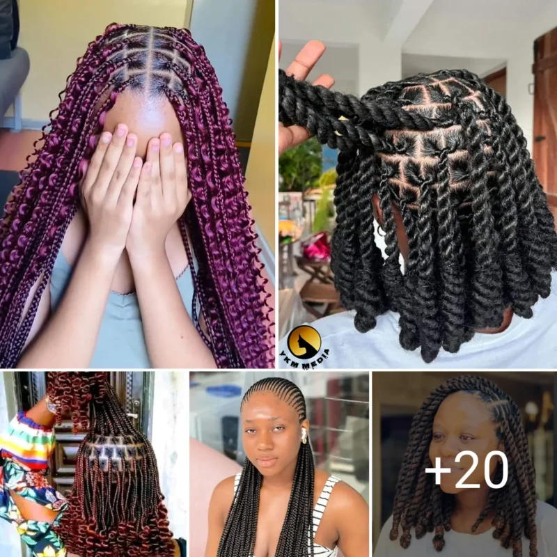 Hot twist hairstyles, Knotless braids styles & Cornrow braid designs