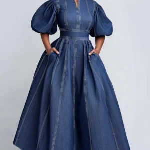 Plus Size Business Casual Blue Mock Neck Puff Sleeve Short Sleeve Pocket Elegant Tencel Denim Midi Dresses